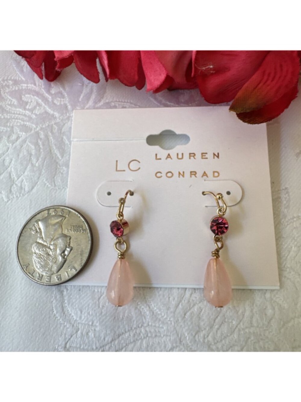 LC Lauren Conrad Dainty Earrings Dangle Beads Pink GoldTone 1.5" Summer NEW - Picture 4 of 6